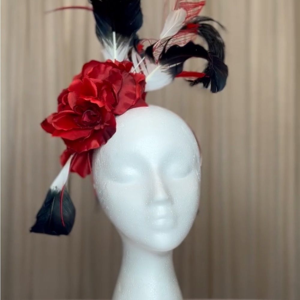 Red Black white fascinator with rose Flower and Feather derby day hat Kentucky